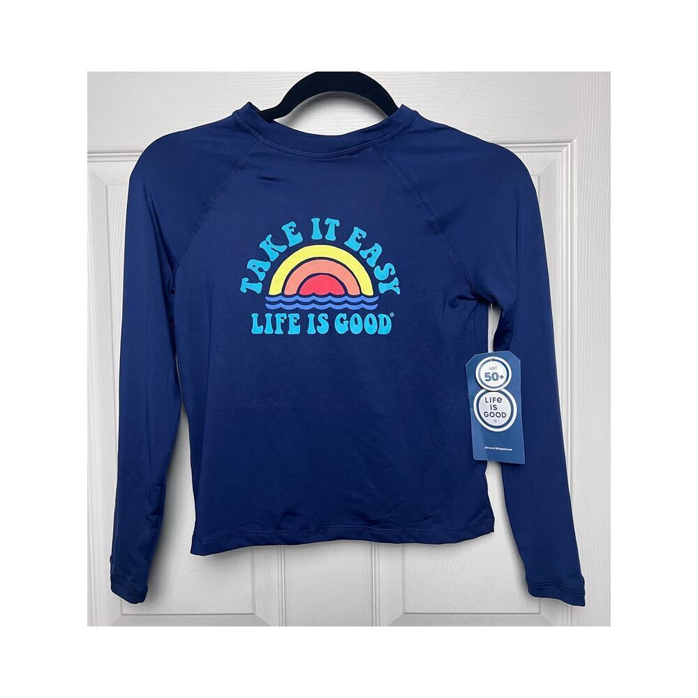Life is Good Sun Shirt Kids Navy Long Sleeve Stretch UPF 50 Unisex Size Large